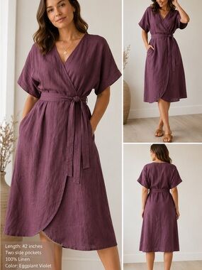 LinenFox Mimosa Eggplant Violet Linen Wrap Dress L/XL Pockets Like New